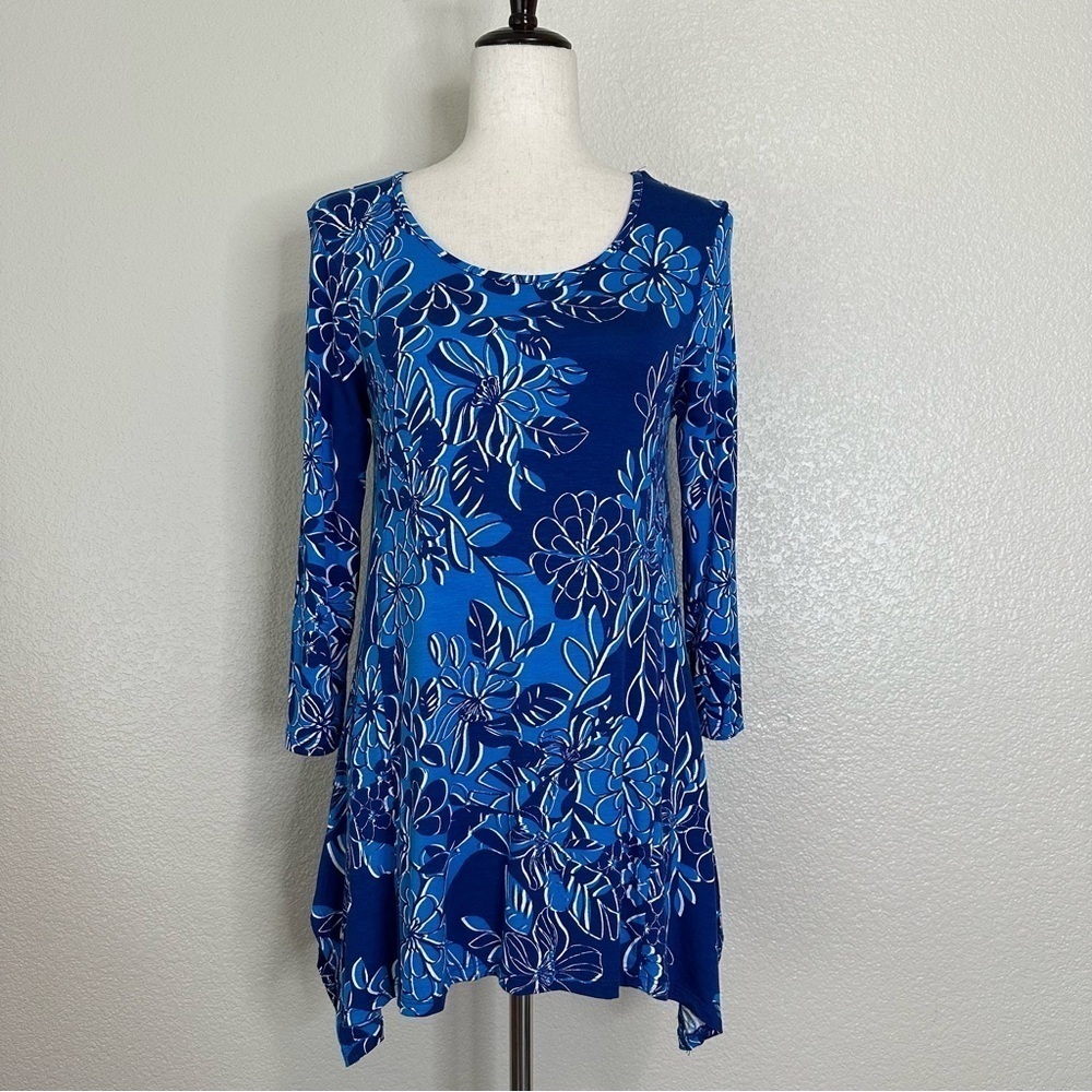 Cable & Gauge Boho Blue Floral 3/4 Sleeves Tunic Top, Size S/P